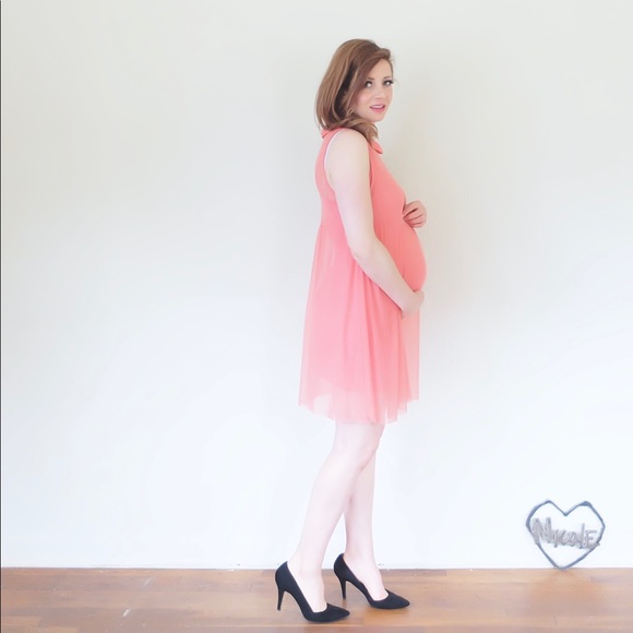 sheer peter pan collar dress coral pink orange - Picture 3 of 4